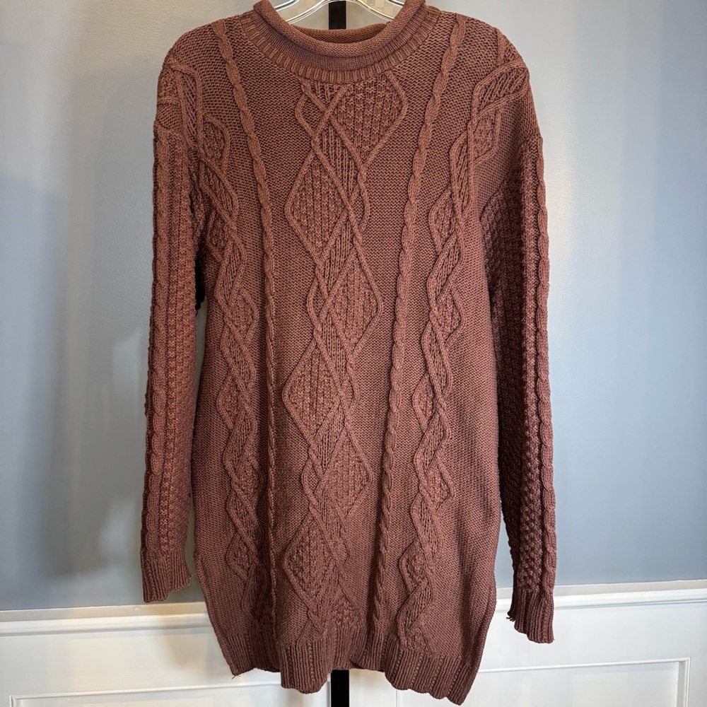 Vintage roll neck cable knit sweater 100% cotton brown Erik Stewart Small - Picture 3 of 11
